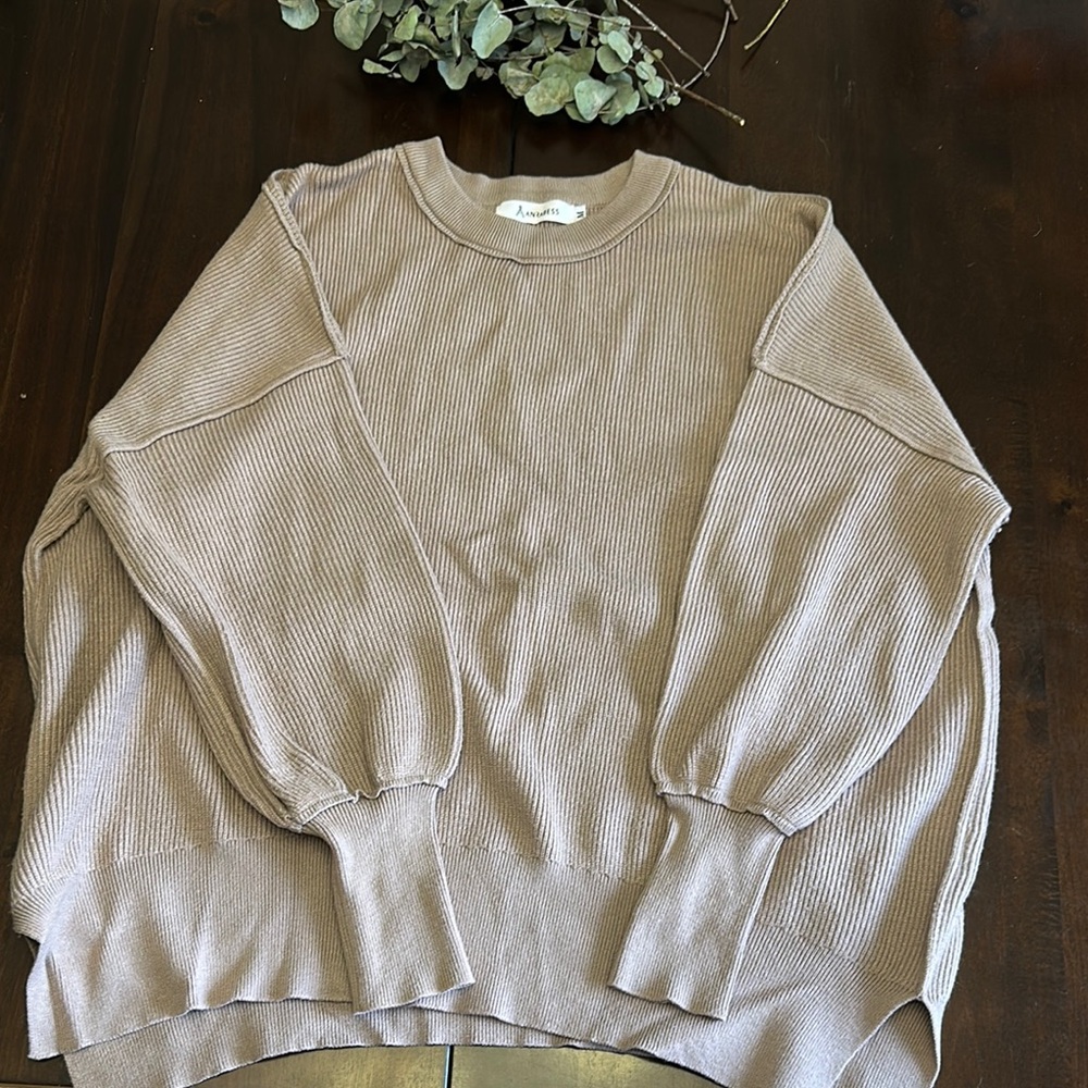 Tan Crewneck Sweater with Relaxed Fit and Ribbed Details